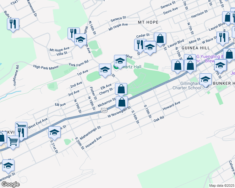 map of restaurants, bars, coffee shops, grocery stores, and more near 1609 West End Avenue in Pottsville