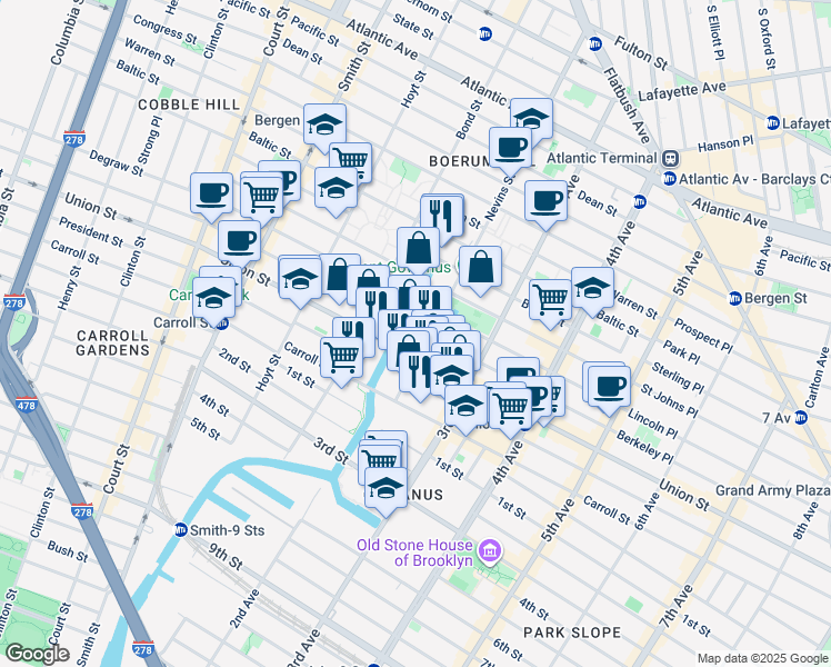 map of restaurants, bars, coffee shops, grocery stores, and more near 544 Sackett Street in Brooklyn