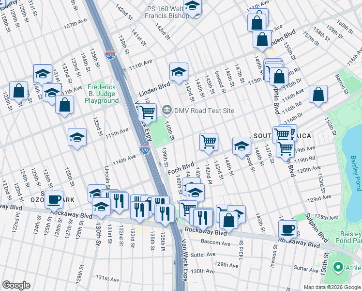 map of restaurants, bars, coffee shops, grocery stores, and more near 140-02 116th Avenue in Queens
