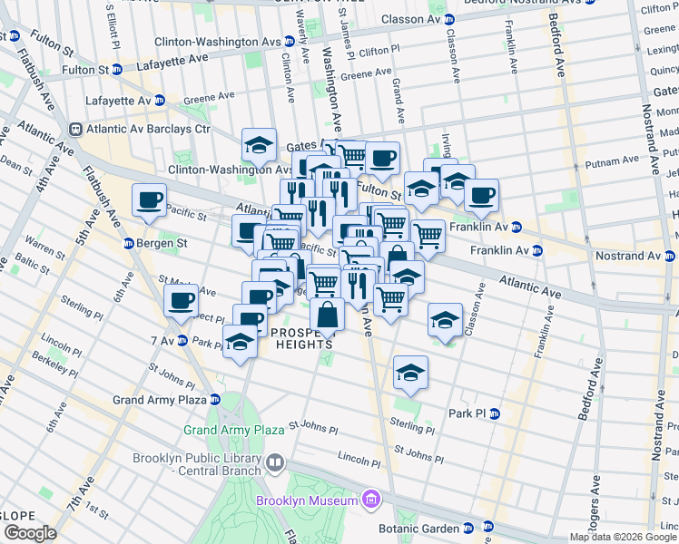 map of restaurants, bars, coffee shops, grocery stores, and more near 44 Underhill Avenue in Brooklyn