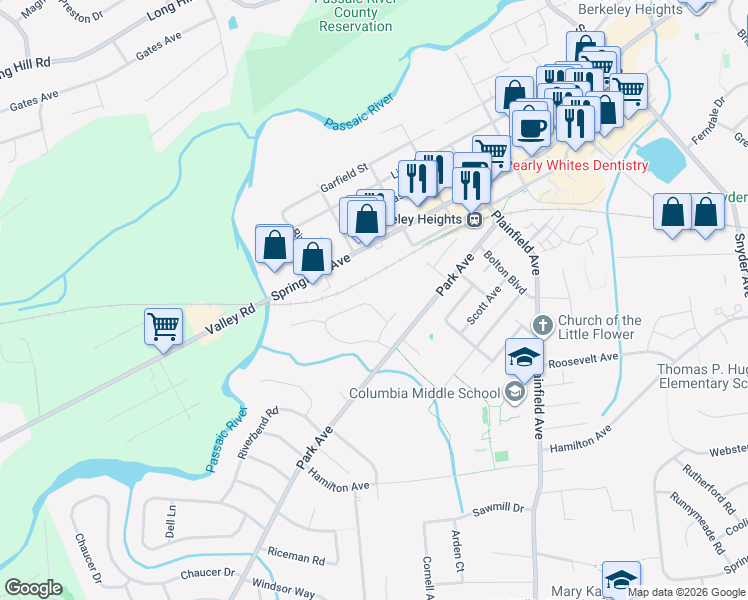 map of restaurants, bars, coffee shops, grocery stores, and more near 130 Forest Avenue in Berkeley Heights