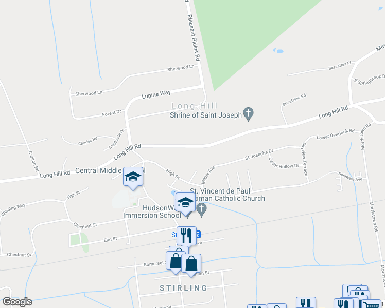 map of restaurants, bars, coffee shops, grocery stores, and more near 1195 Long Hill Road in Long Hill