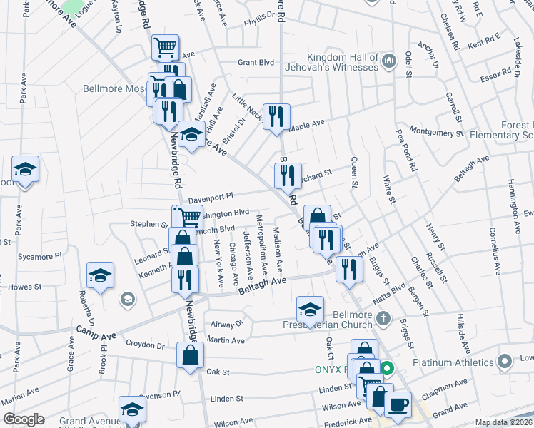 map of restaurants, bars, coffee shops, grocery stores, and more near 2562 Washington Boulevard in North Bellmore