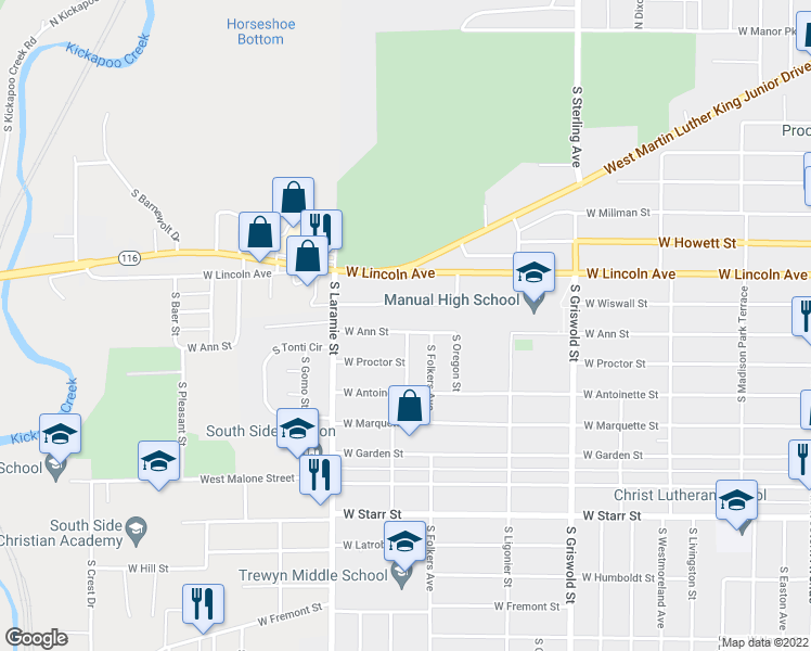 map of restaurants, bars, coffee shops, grocery stores, and more near 2919 West Ann Street in Peoria