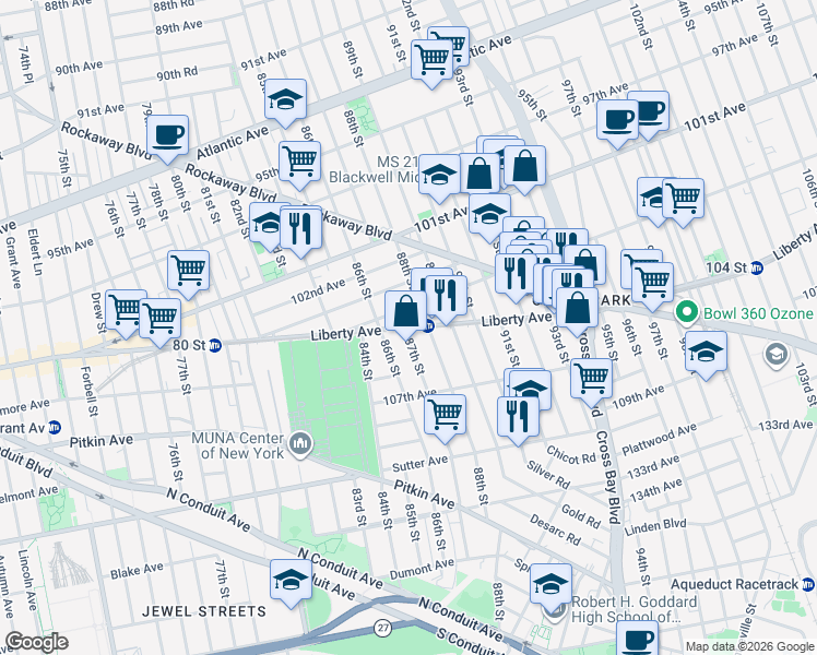 map of restaurants, bars, coffee shops, grocery stores, and more near in Queens