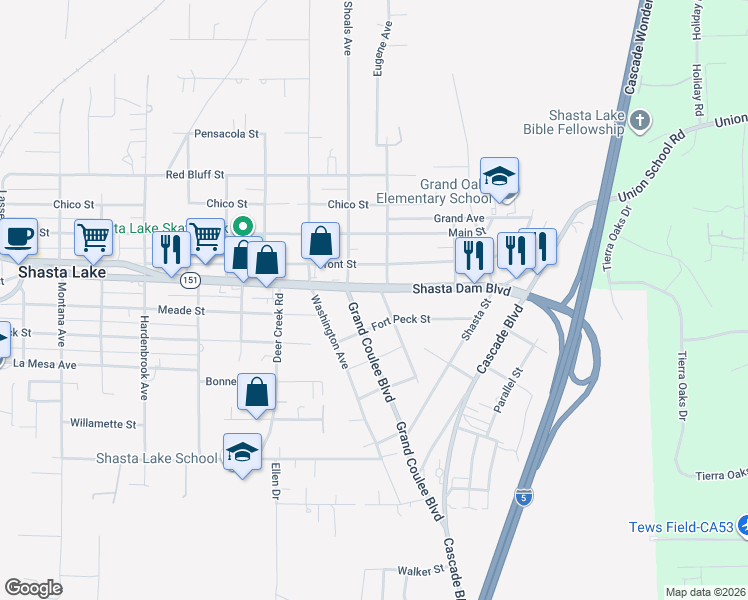 map of restaurants, bars, coffee shops, grocery stores, and more near 1706 Oregon Street in Shasta Lake