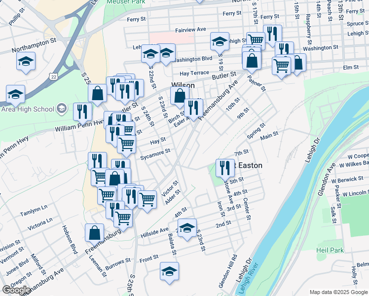 map of restaurants, bars, coffee shops, grocery stores, and more near 2218 Freemansburg Avenue in Easton