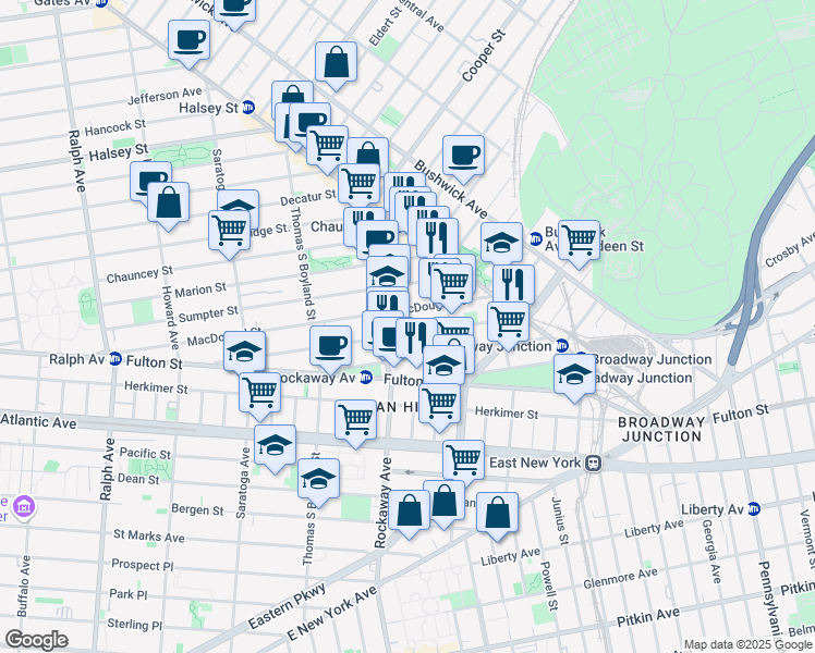 map of restaurants, bars, coffee shops, grocery stores, and more near 183 Hull Street in Brooklyn