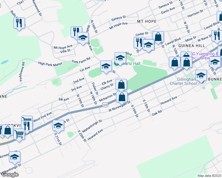 map of restaurants, bars, coffee shops, grocery stores, and more near 1630 West End Avenue in Pottsville