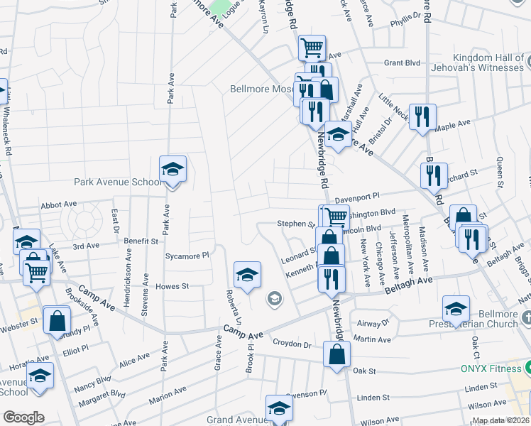map of restaurants, bars, coffee shops, grocery stores, and more near 2322 Henry Street in North Bellmore