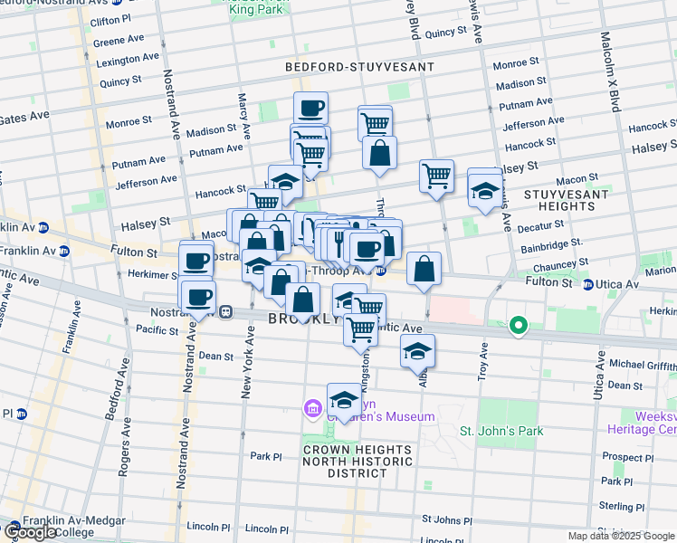 map of restaurants, bars, coffee shops, grocery stores, and more near 1471 Fulton Street in Brooklyn