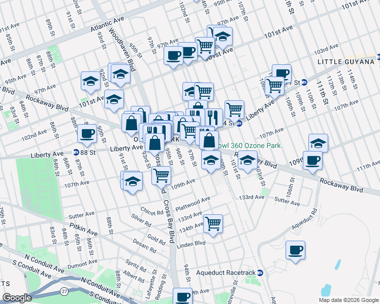 map of restaurants, bars, coffee shops, grocery stores, and more near 106-20 97th Street in Queens