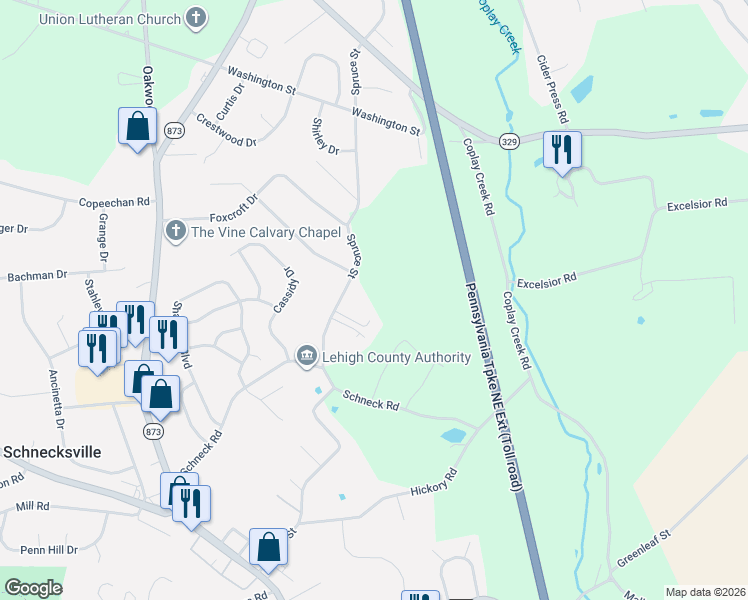 map of restaurants, bars, coffee shops, grocery stores, and more near 5131 Spruce Street in Schnecksville