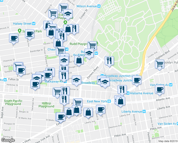 map of restaurants, bars, coffee shops, grocery stores, and more near 230 Hull Street in Brooklyn