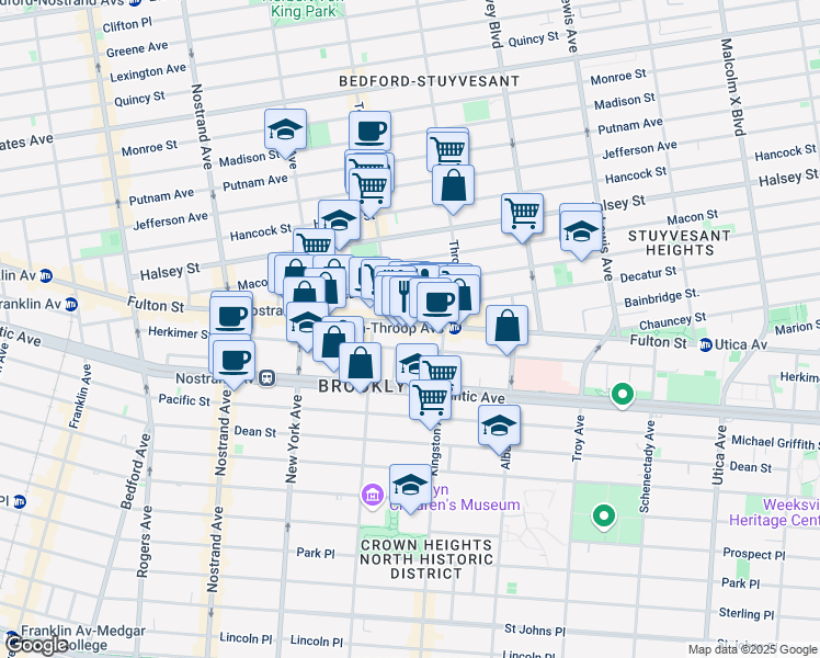 map of restaurants, bars, coffee shops, grocery stores, and more near 1471 Fulton Street in Brooklyn