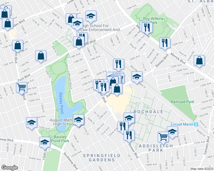 map of restaurants, bars, coffee shops, grocery stores, and more near 164-05 122nd Avenue in Queens