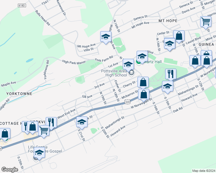 map of restaurants, bars, coffee shops, grocery stores, and more near 1810 Elk Avenue in Pottsville