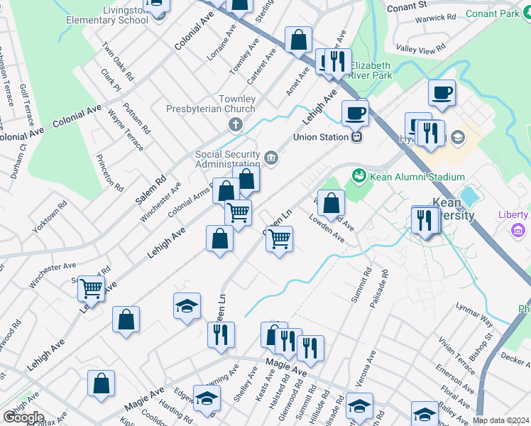 map of restaurants, bars, coffee shops, grocery stores, and more near 28 Station Square in Union