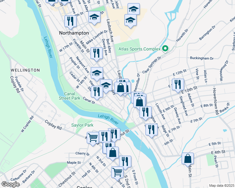 map of restaurants, bars, coffee shops, grocery stores, and more near 1236 Main Street in Northampton
