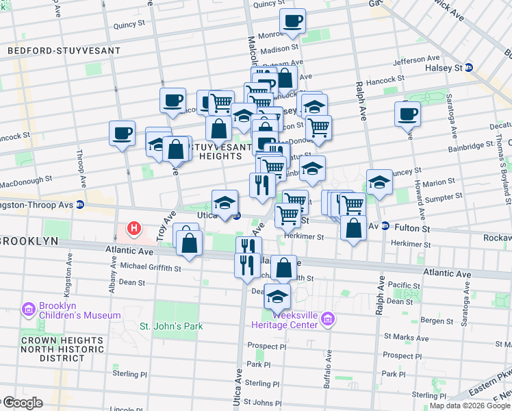 map of restaurants, bars, coffee shops, grocery stores, and more near 1711 Fulton Street in Brooklyn