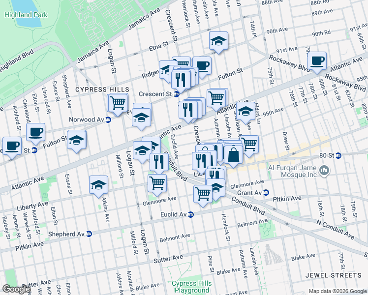 map of restaurants, bars, coffee shops, grocery stores, and more near 66 Weldon Street in Brooklyn