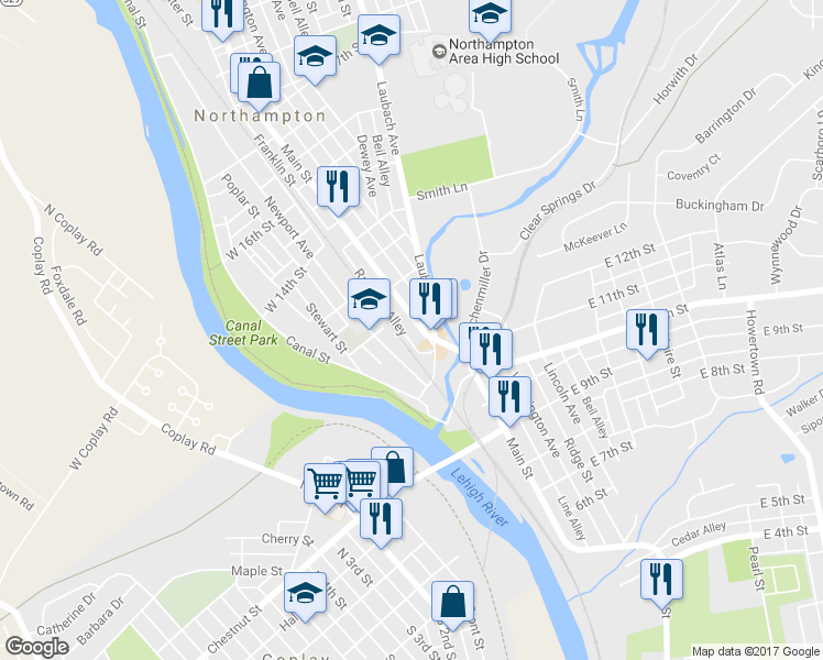 map of restaurants, bars, coffee shops, grocery stores, and more near 1236 Main Street in Northampton