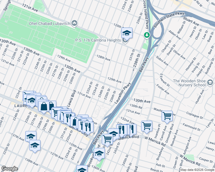 map of restaurants, bars, coffee shops, grocery stores, and more near 234-19 130th Avenue in Queens