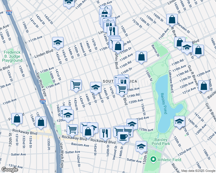 map of restaurants, bars, coffee shops, grocery stores, and more near 146-14 Foch Boulevard in Queens
