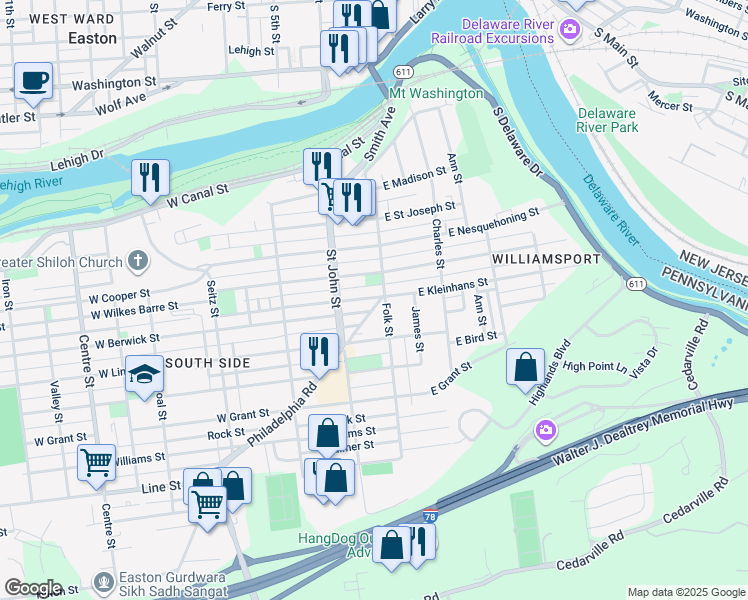 map of restaurants, bars, coffee shops, grocery stores, and more near 433 Philadelphia Road in Easton