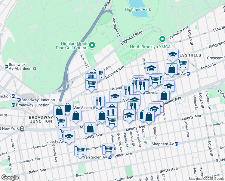 map of restaurants, bars, coffee shops, grocery stores, and more near 130 Arlington Avenue in Brooklyn