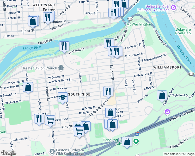 map of restaurants, bars, coffee shops, grocery stores, and more near 423 Davis Street in Easton
