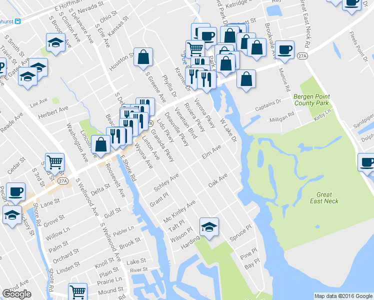 map of restaurants, bars, coffee shops, grocery stores, and more near 119 Deauville Parkway in Lindenhurst