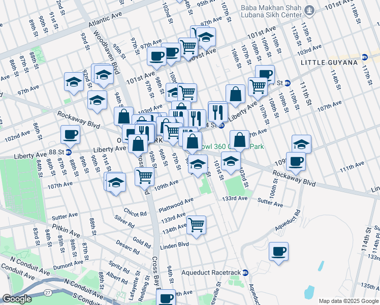 map of restaurants, bars, coffee shops, grocery stores, and more near 98-8 Rockaway Boulevard in Queens