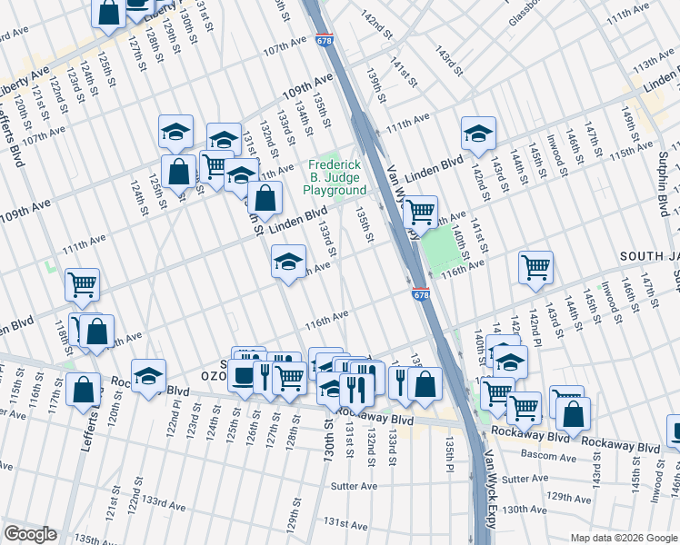 map of restaurants, bars, coffee shops, grocery stores, and more near 133 Street in Queens