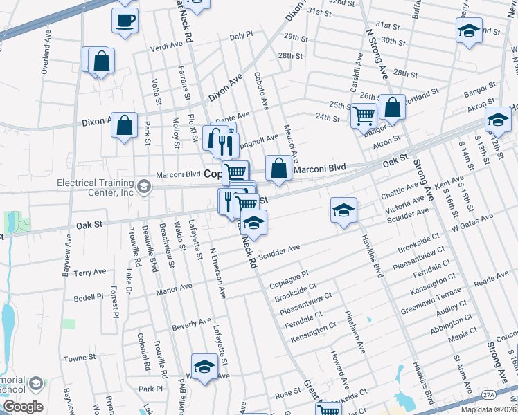 map of restaurants, bars, coffee shops, grocery stores, and more near 512 Oak Street in Copiague