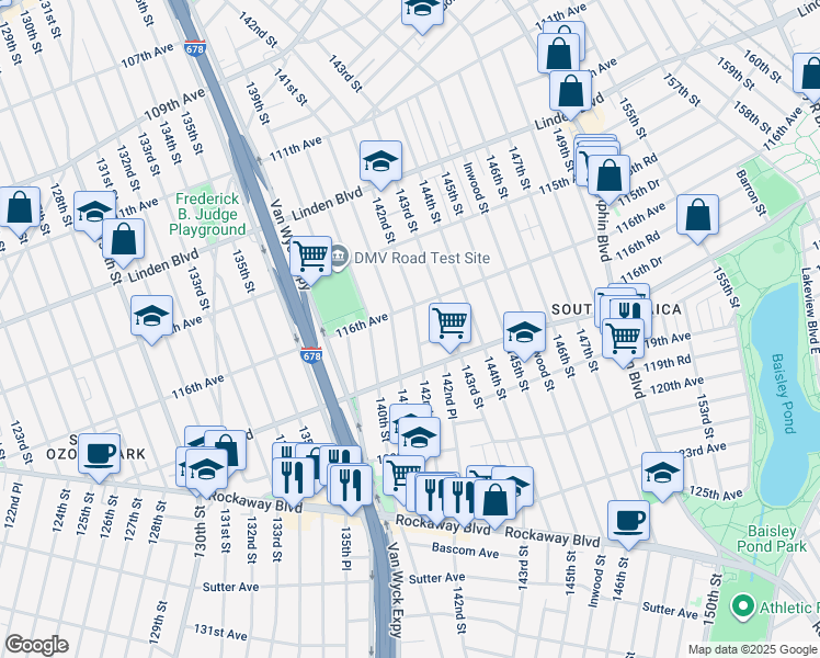 map of restaurants, bars, coffee shops, grocery stores, and more near 116-20 142nd Street in Queens