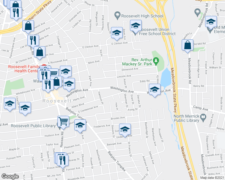 map of restaurants, bars, coffee shops, grocery stores, and more near 230 Washington Ave in Roosevelt