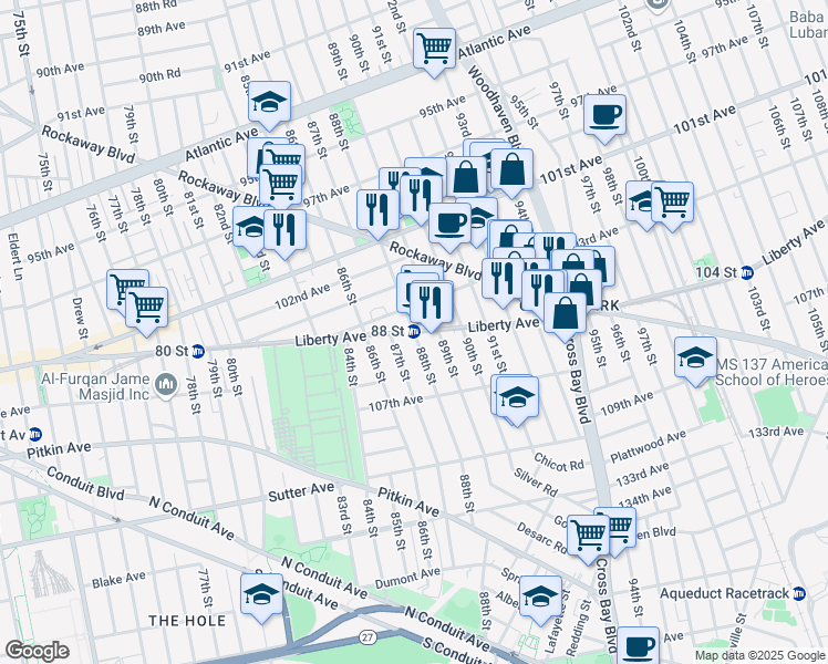 map of restaurants, bars, coffee shops, grocery stores, and more near in Queens