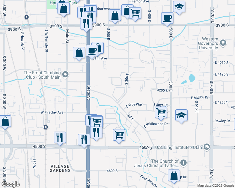 map of restaurants, bars, coffee shops, grocery stores, and more near 334 Gordon Lane in Millcreek