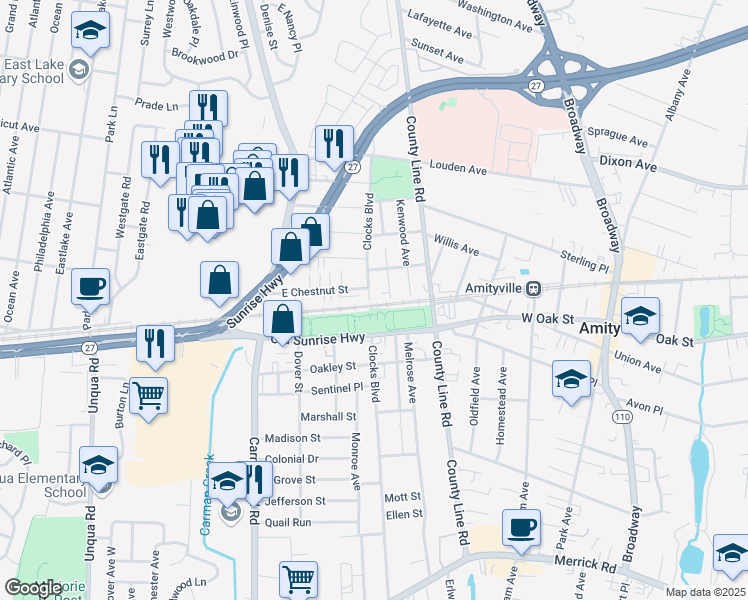map of restaurants, bars, coffee shops, grocery stores, and more near 54 East Chestnut Street in Massapequa