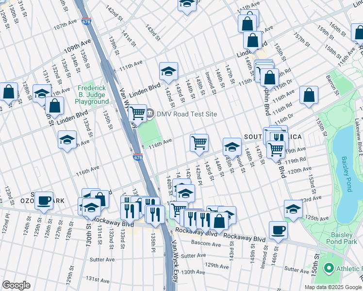 map of restaurants, bars, coffee shops, grocery stores, and more near 116-20 142nd Street in Queens