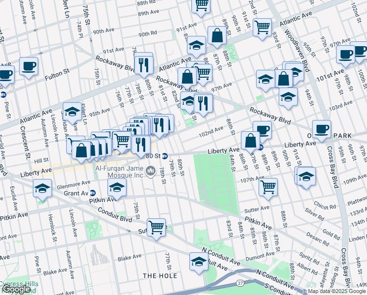 map of restaurants, bars, coffee shops, grocery stores, and more near 81-06 102nd Avenue in Queens