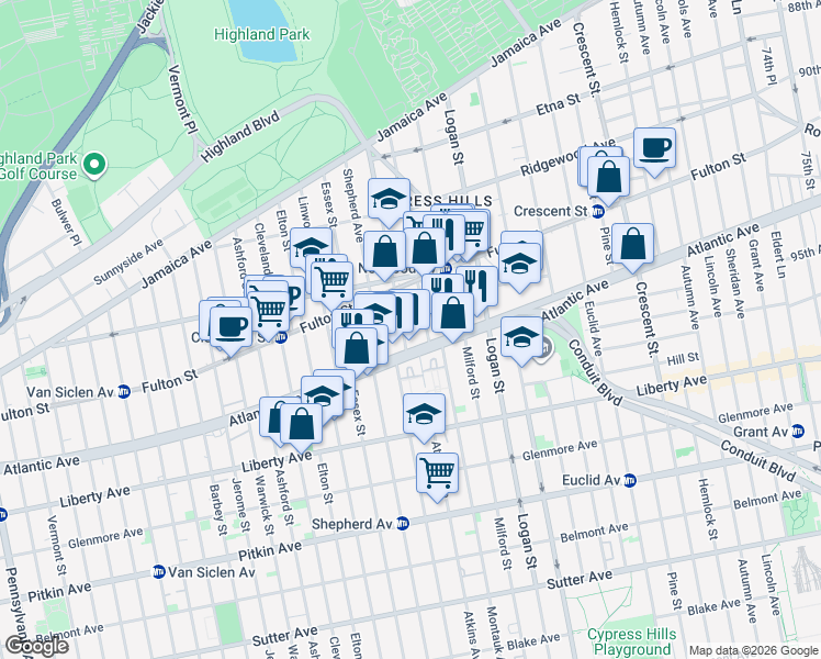 map of restaurants, bars, coffee shops, grocery stores, and more near 212 Highland Place in Brooklyn