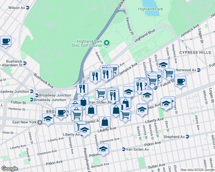 map of restaurants, bars, coffee shops, grocery stores, and more near 184 Jamaica Avenue in Brooklyn
