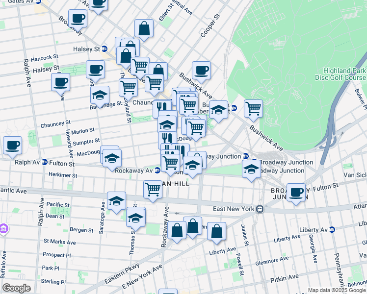 map of restaurants, bars, coffee shops, grocery stores, and more near 183 Hull Street in Brooklyn