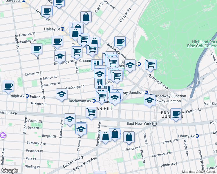 map of restaurants, bars, coffee shops, grocery stores, and more near 183 Hull Street in Brooklyn