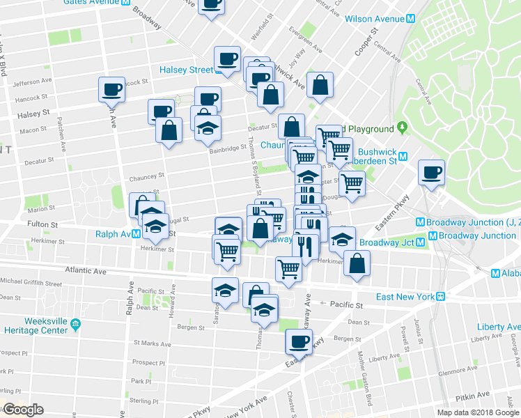 map of restaurants, bars, coffee shops, grocery stores, and more near 181 Macdougal Street in Brooklyn