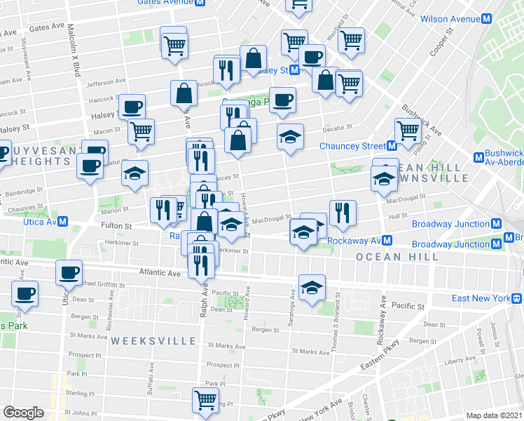 map of restaurants, bars, coffee shops, grocery stores, and more near 160 Sumpter Street in Brooklyn