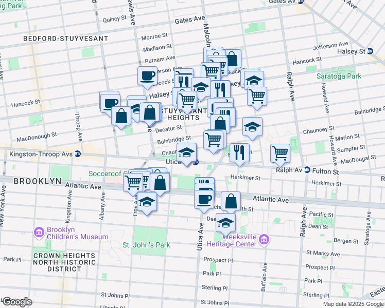 map of restaurants, bars, coffee shops, grocery stores, and more near 94 Chauncey Street in Brooklyn