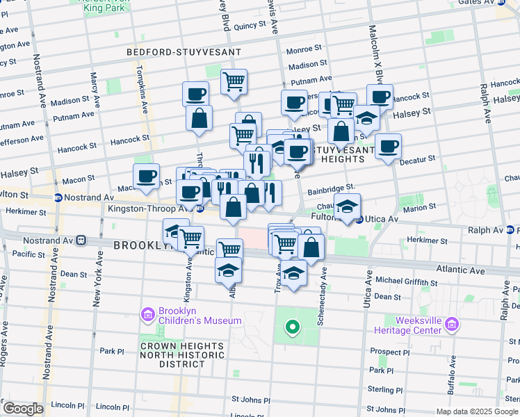 map of restaurants, bars, coffee shops, grocery stores, and more near 1625 Fulton Street in Brooklyn